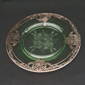Vintage Green Glass Plate with Etched Glass and Intricate Silver Overlay
